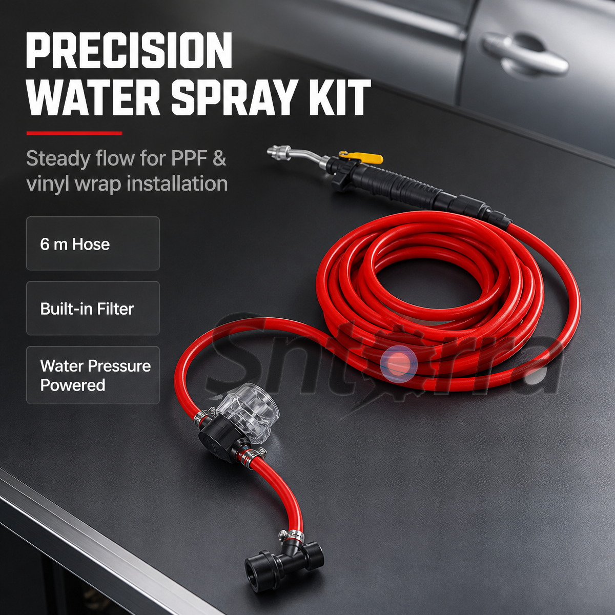 Pressure-powered water spray kit with 6 m red hose for PPF and vinyl wrap installation