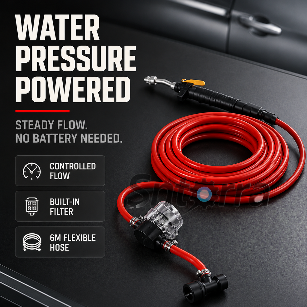 Water-pressure-powered red hose kit; no battery required