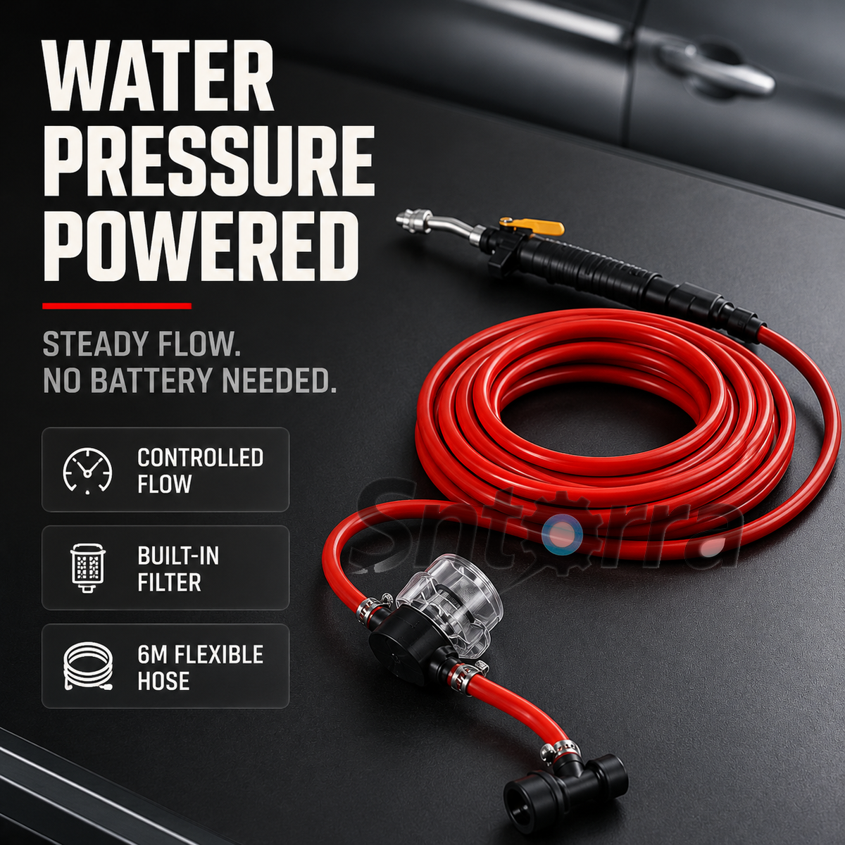 Water-pressure-powered red hose kit; no battery required