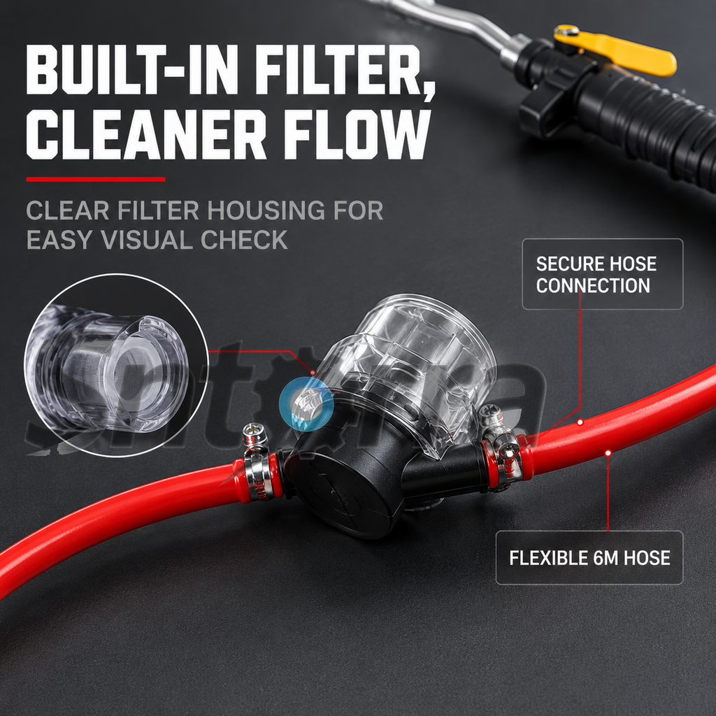 Transparent inline filter and red hose connections